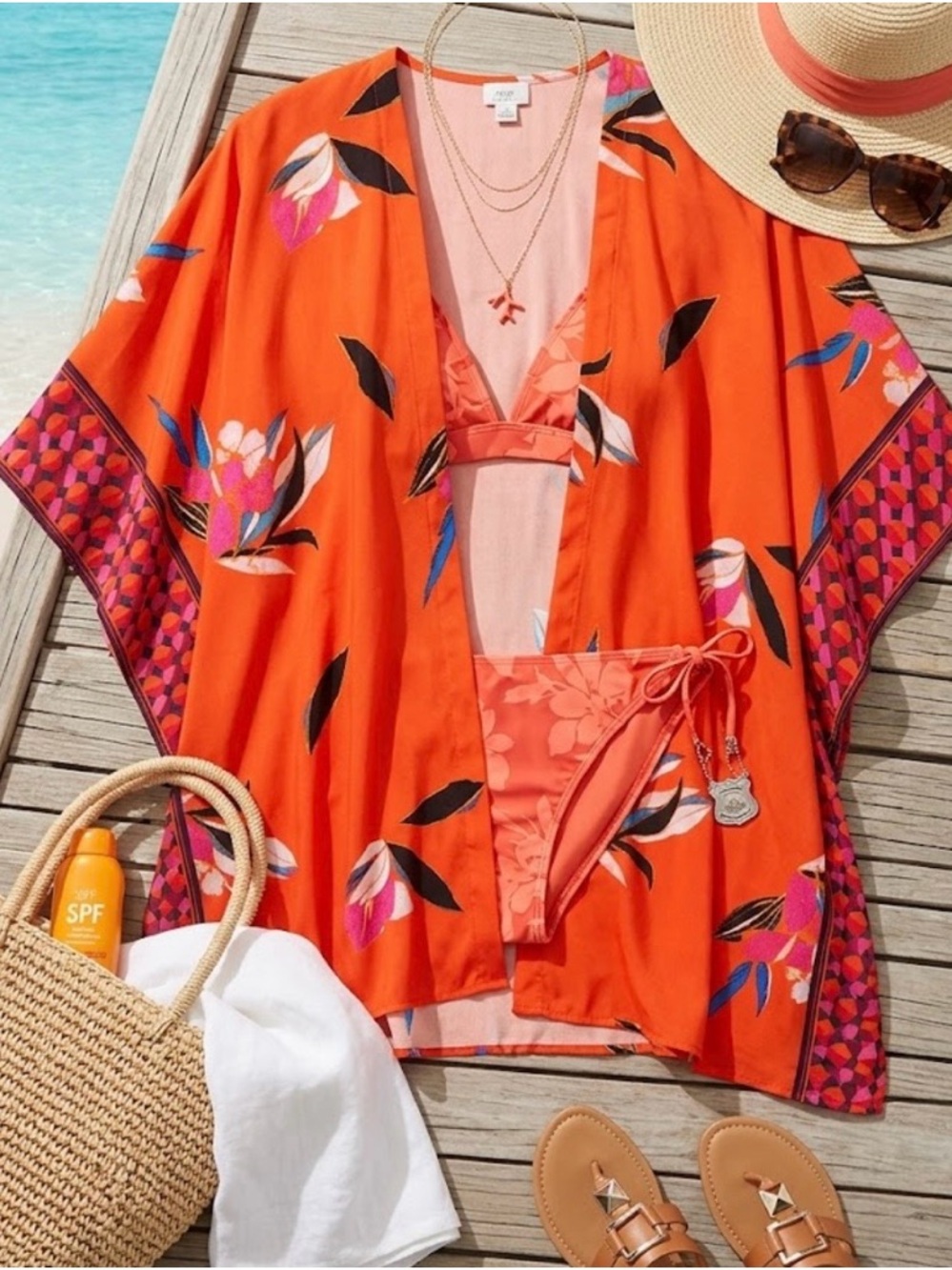 a new day Orange Floral Beach Cover-Up with Blue & Pink Accents